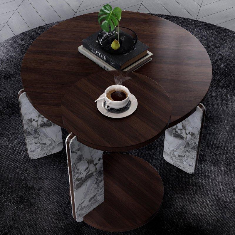 Kahverengi MDF Sinterlenmiş Taş Ayaklı İkili Set Yuvarlak Orta Sehpa - 83 cm - 241805