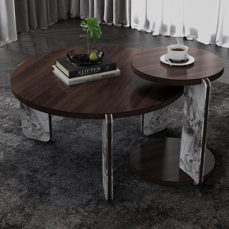 Kahverengi MDF Sinterlenmiş Taş Ayaklı İkili Set Yuvarlak Orta Sehpa - 83 cm - 241805