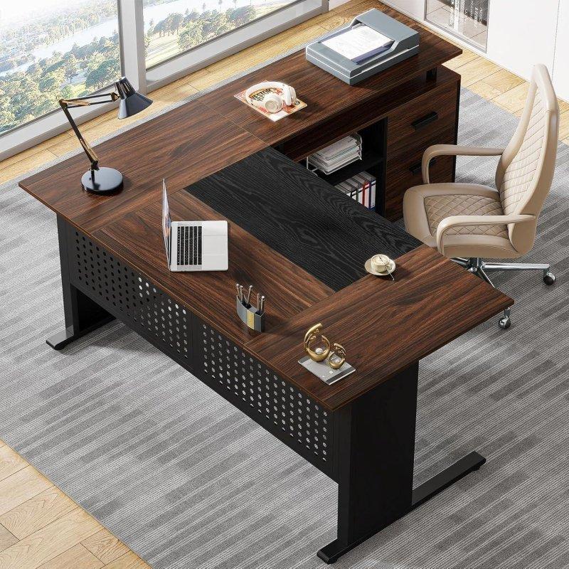 Kahverengi MDF Siyah Metal L Tipi Dosya Dolaplı Ofis Masası - 161x81 cm - 326692