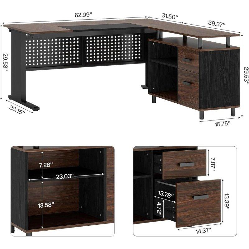 Kahverengi MDF Siyah Metal L Tipi Dosya Dolaplı Ofis Masası - 161x81 cm - 326692