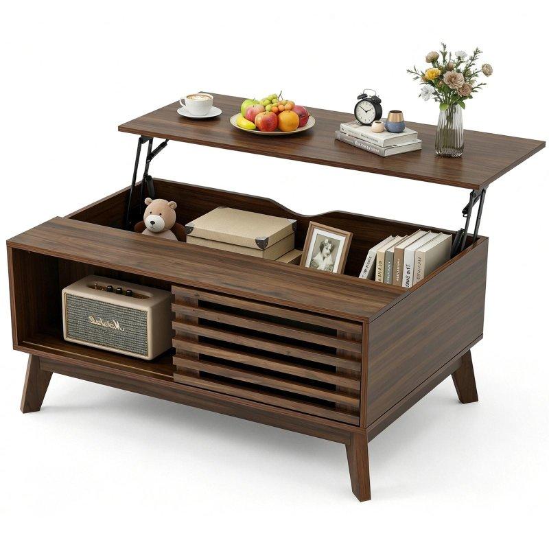 Kahverengi MDF Sürgülü Kapaklı Gizli Bölmeli Yükseltilebilir Tablalı Akıllı Sehpa - 90x55x47 cm - 253846