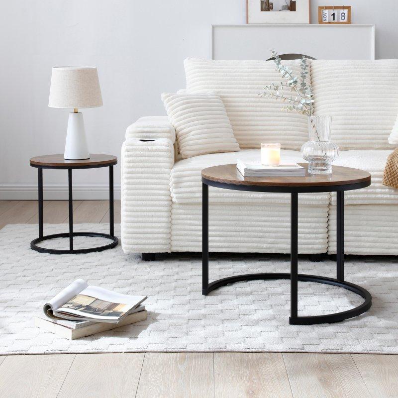 Kahverengi MDF Tablalı Metal Ayaklı 2li İç İçe Geçen Yuvarlak Orta Sehpa - 239996