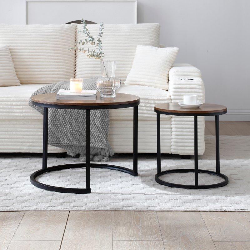 Kahverengi MDF Tablalı Metal Ayaklı 2li İç İçe Geçen Yuvarlak Orta Sehpa - 239996