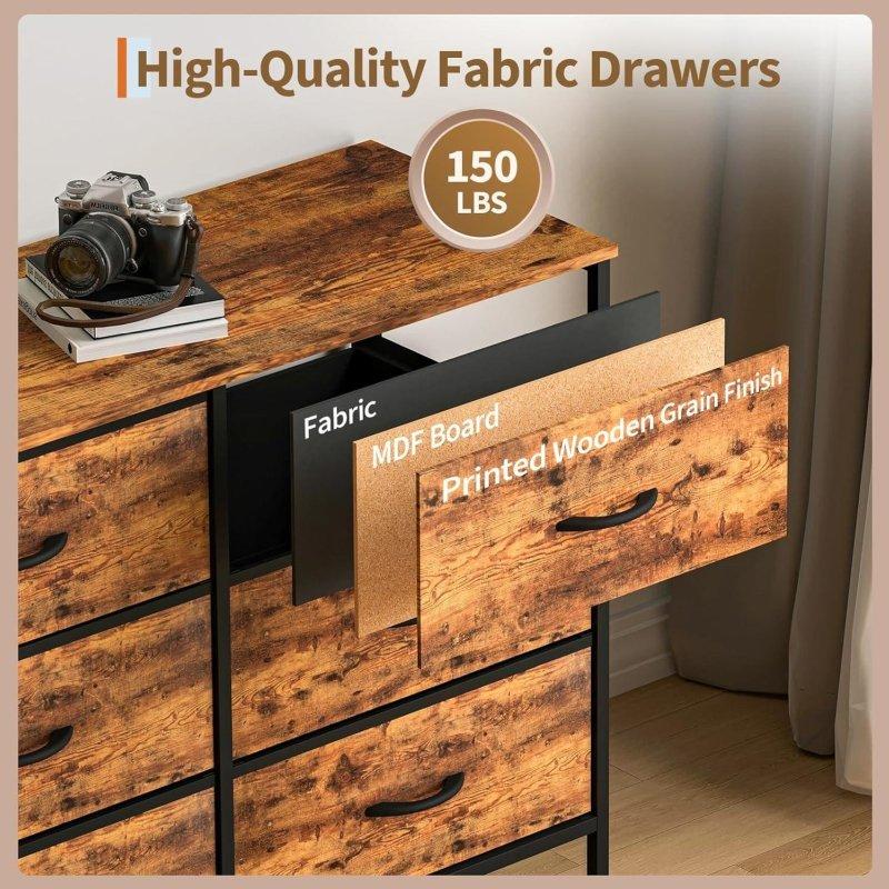 Kahverengi MDF Tablalı Siyah Metal Çerçeveli 12 Kumaş Çekmeceli TV Sehpası ve Şifonyer - 181 cm - 304819
