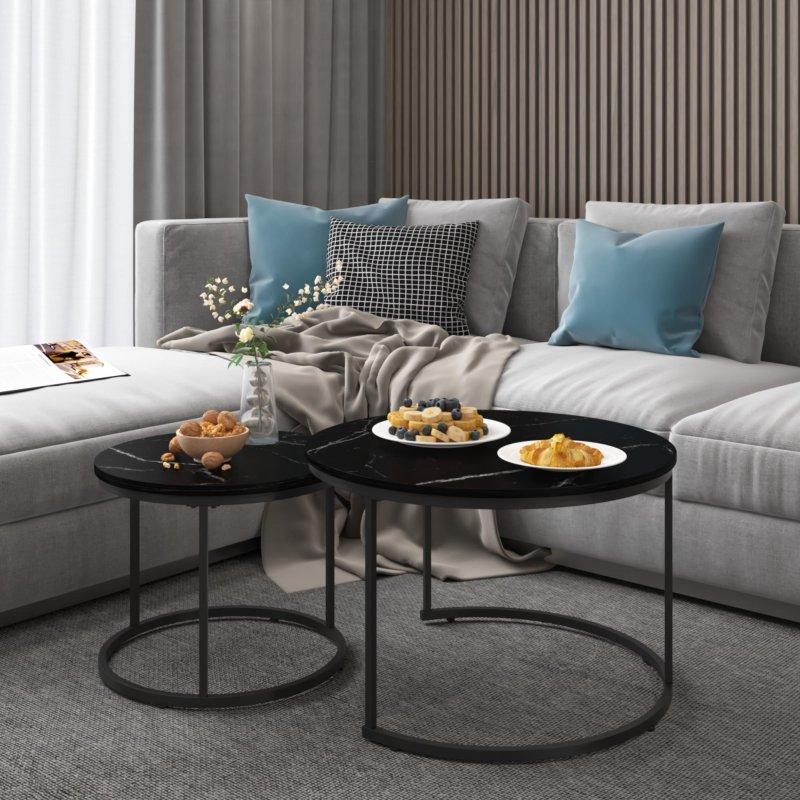 Kahverengi MDF Tablalı Siyah Metal İskeletli İç İçe Geçebilen 2li Yuvarlak Orta Sehpa - 242089