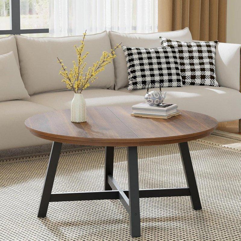 Kahverengi MDF Tablalı Siyah Metal X Ayaklı Yuvarlak Orta Sehpa - 92 cm - 241080