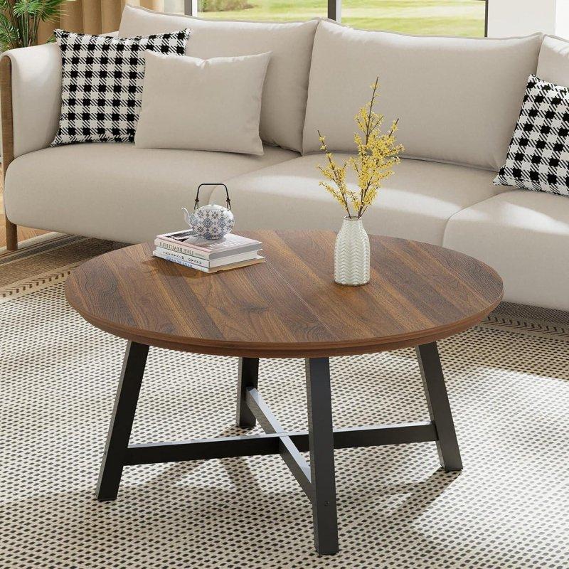 Kahverengi MDF Tablalı Siyah Metal X Ayaklı Yuvarlak Orta Sehpa - 92 cm - 241080