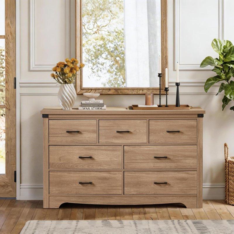 Kahverengi MDF ve Ahşap 7 Çekmeceli Metal Kulplu Şifonyer - 132x80x40 cm - 311646