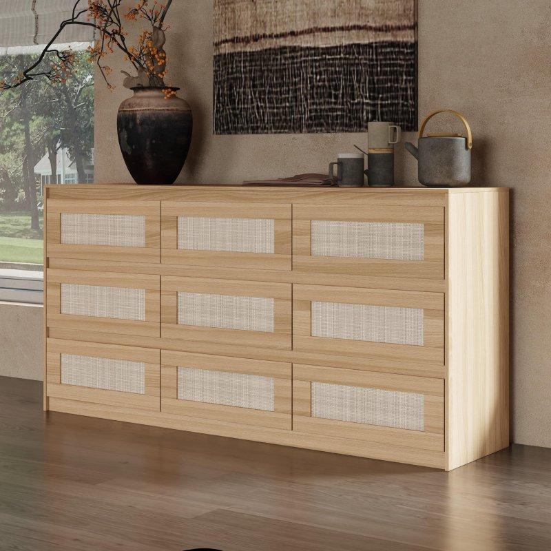 Kahverengi MDF ve Çam Ağacı Rattan Panelli 8 Çekmeceli Şifonyer - 160x82x40 cm - 301070