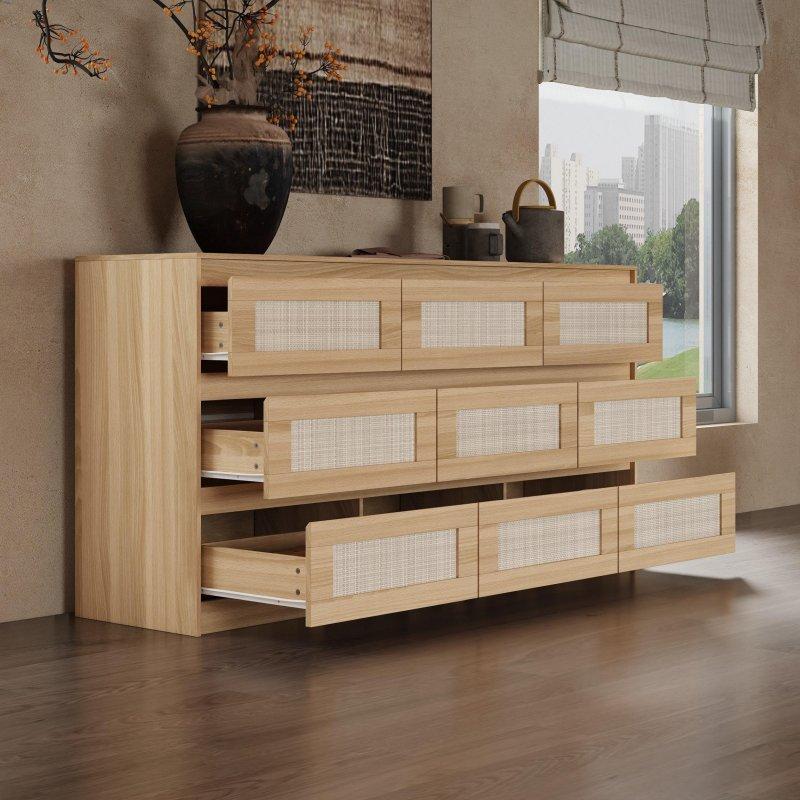 Kahverengi MDF ve Çam Ağacı Rattan Panelli 8 Çekmeceli Şifonyer - 160x82x40 cm - 301070
