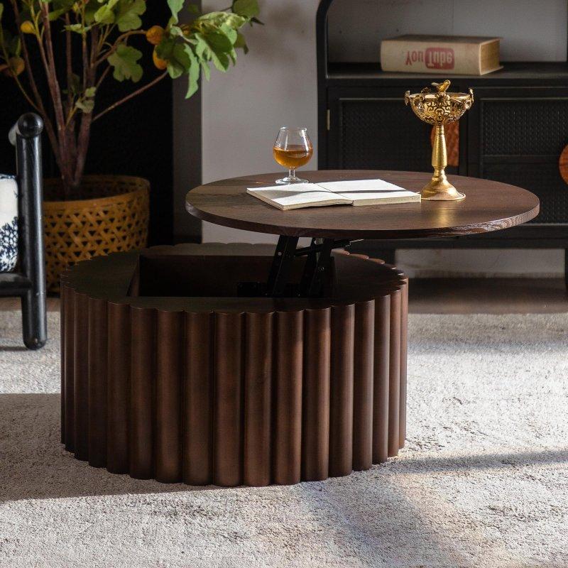 Kahverengi MDF ve Çam Ahşap Yükseltilebilir Saklama Alanlı El Oyması Kabartmalı Yuvarlak Akıllı Sehpa - Çap 70 cm - 253672