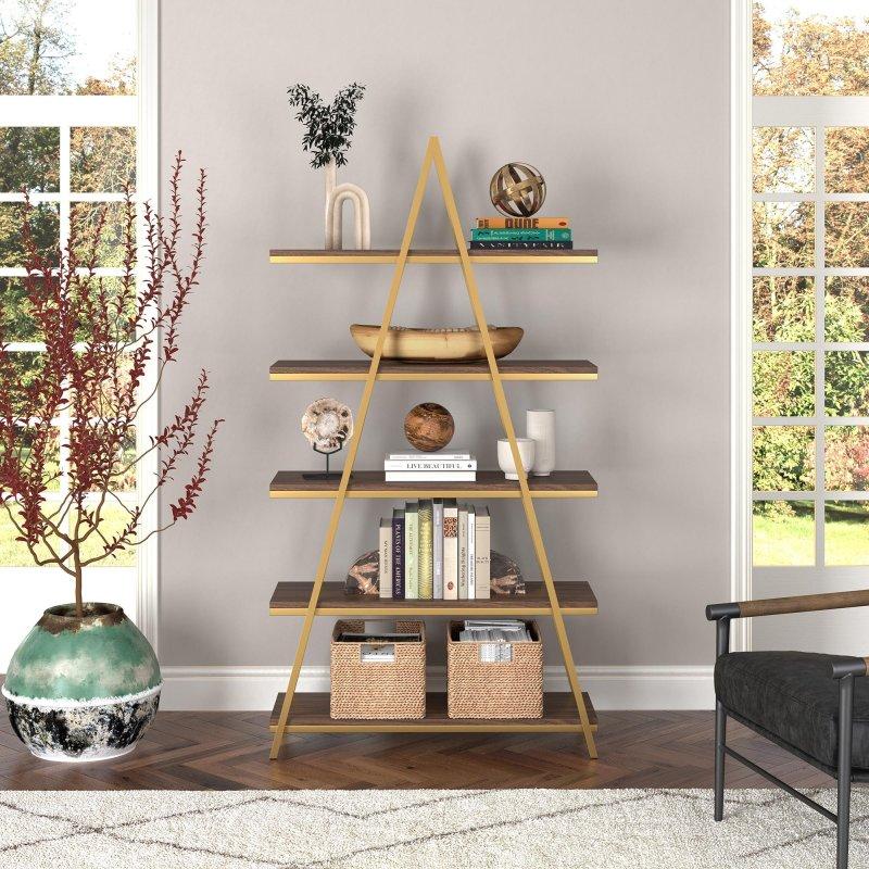 Kahverengi MDF ve Gold Metal A-Çerçeve 5 Raflı Kitaplık - 173 cm - 318486