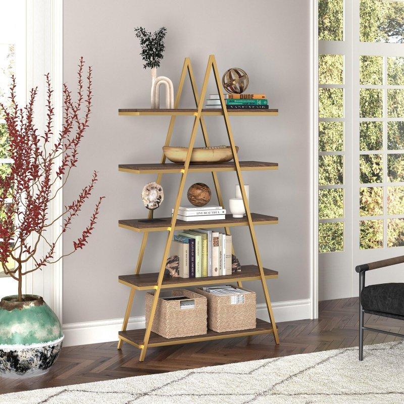 Kahverengi MDF ve Gold Metal A-Çerçeve 5 Raflı Kitaplık - 173 cm - 318486