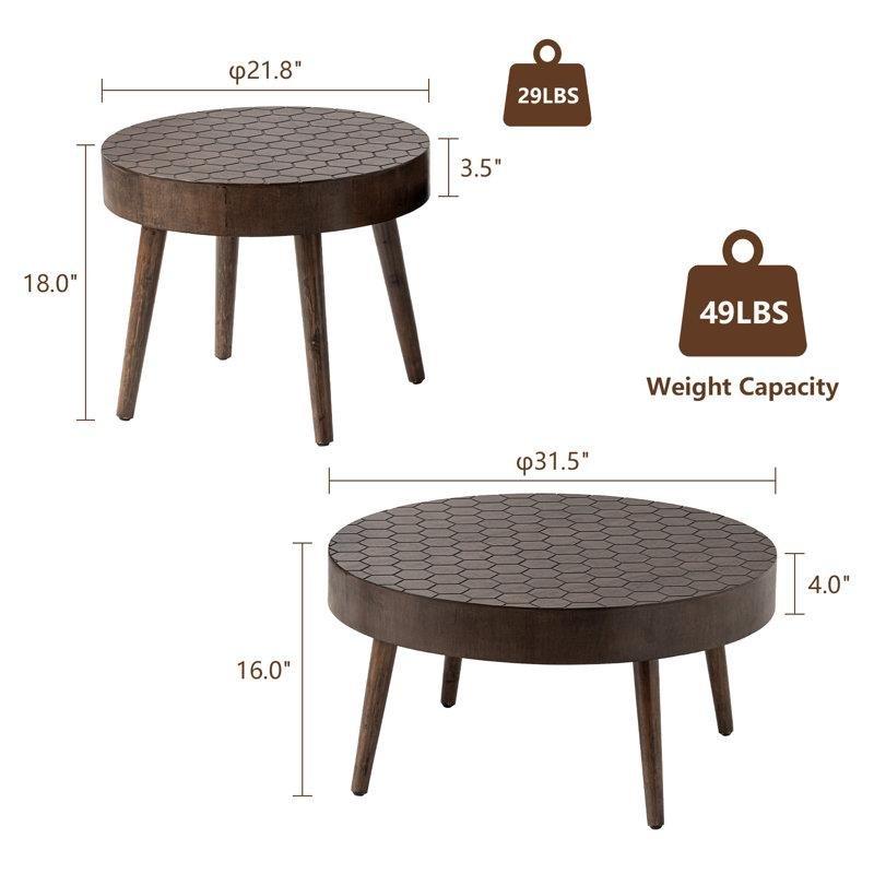 Kahverengi MDF ve Masif Çam Ahşap İç İçe Geçen 2li Set Yuvarlak Orta Sehpa - 81 cm - 245647