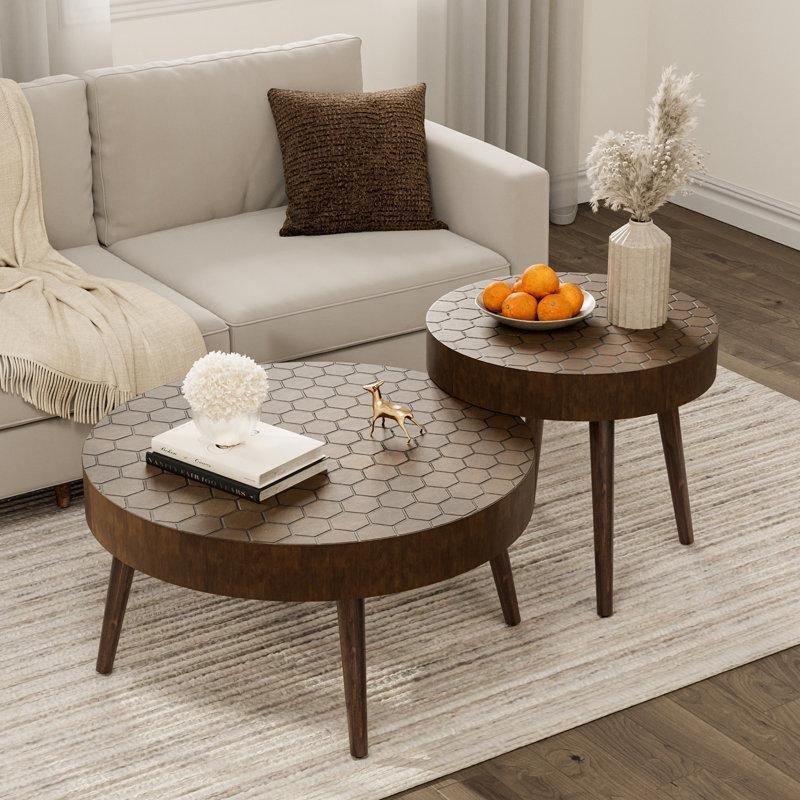 Kahverengi MDF ve Masif Çam Ahşap İç İçe Geçen 2li Set Yuvarlak Orta Sehpa - 81 cm - 245647