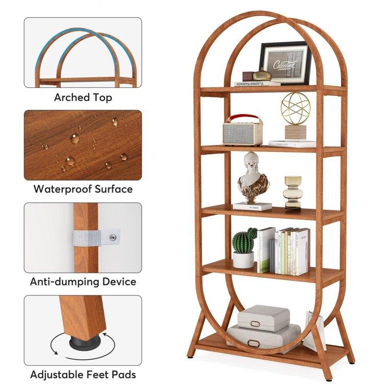 Kahverengi MDF ve Metal 5 Raflı Üstü Kavisli Kitaplık - 181 cm - 314773