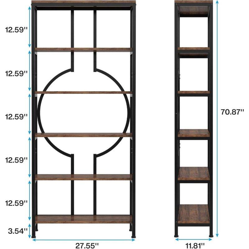 Kahverengi MDF ve Metal 6 Raflı Geometrik Endüstriyel Kitaplık - 181x71 cm - 312618