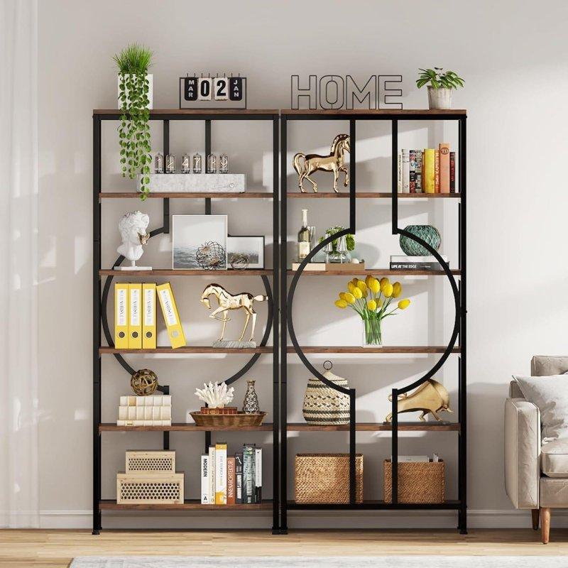 Kahverengi MDF ve Metal 6 Raflı Geometrik Endüstriyel Kitaplık - 181x71 cm - 312618