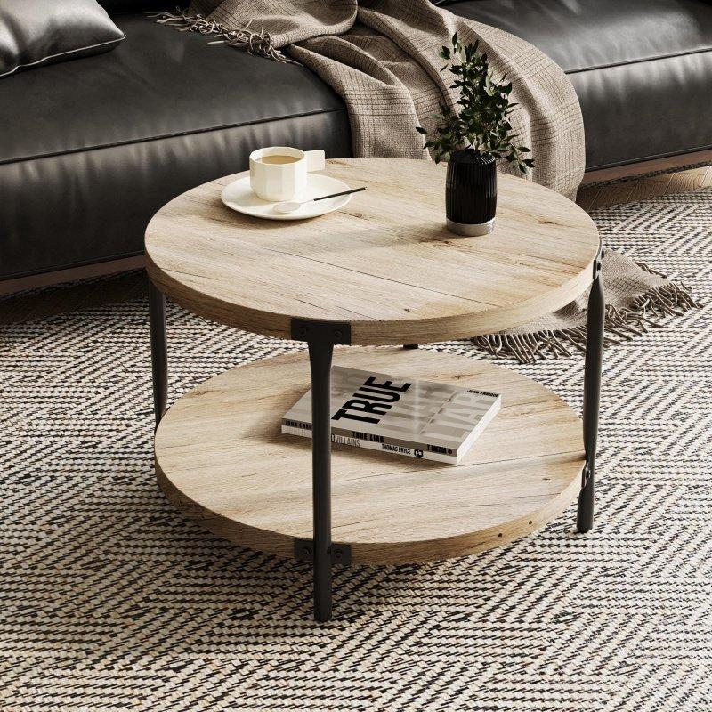 Kahverengi MDF ve Metal Çift Katlı Açık Raflı Yuvarlak Orta Sehpa - 76x47 cm - 241977