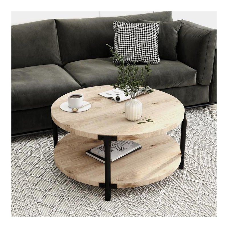 Kahverengi MDF ve Metal Çift Katlı Açık Raflı Yuvarlak Orta Sehpa - 76x47 cm - 241977