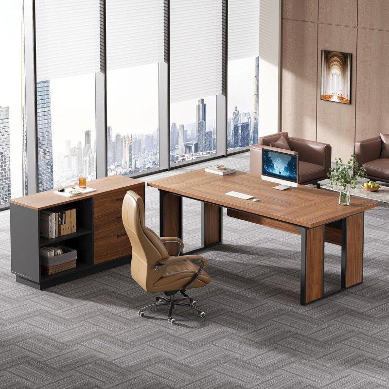 Kahverengi MDF ve Metal Dosya Dolaplı ve Raflı L Tipi Ofis Masası - 161 cm - 326063
