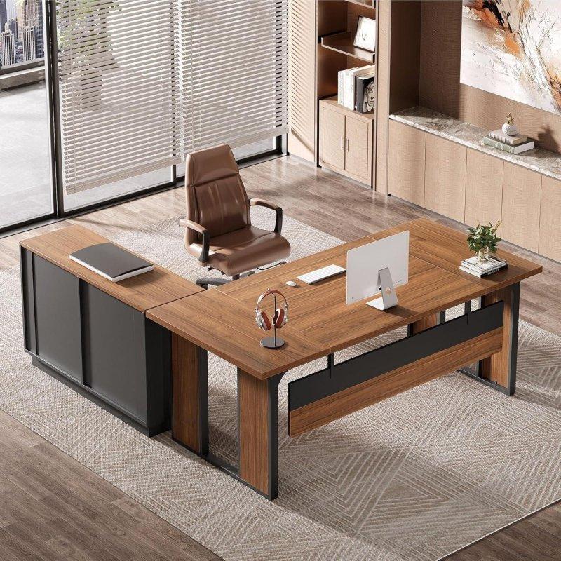 Kahverengi MDF ve Metal Dosya Dolaplı ve Raflı L Tipi Ofis Masası - 161 cm - 326063