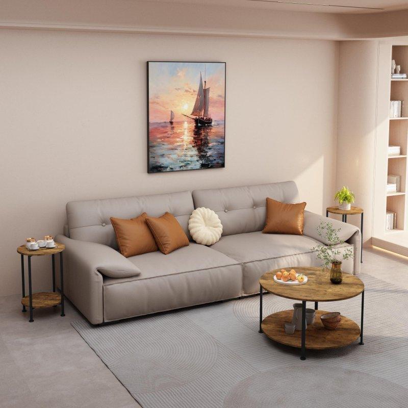 Kahverengi MDF ve Metal Raflı 3lü Yuvarlak Orta ve Yan Sehpa Seti - 242068