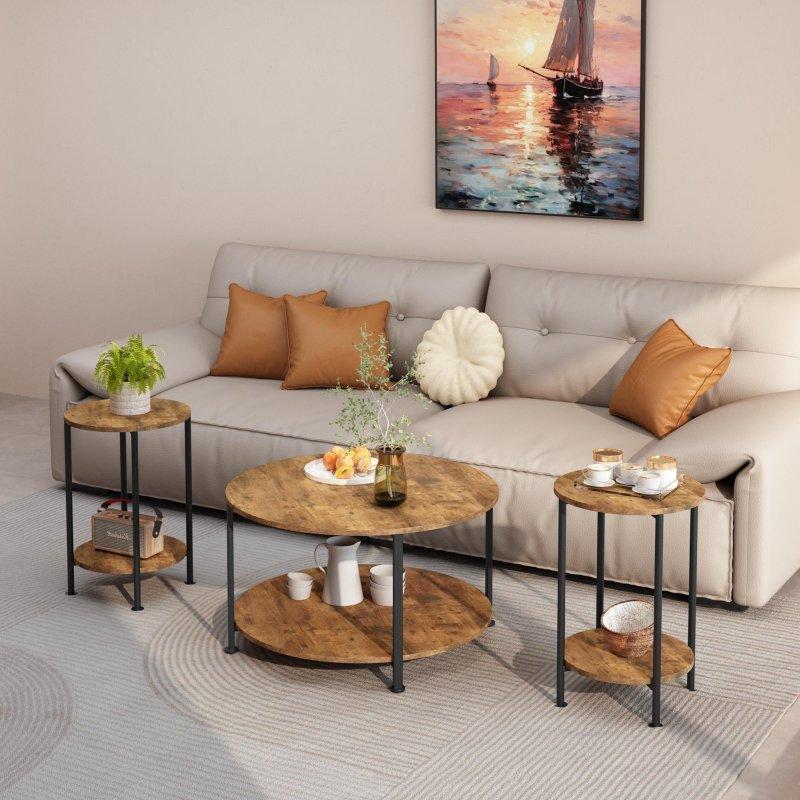 Kahverengi MDF ve Metal Raflı 3lü Yuvarlak Orta ve Yan Sehpa Seti - 242068
