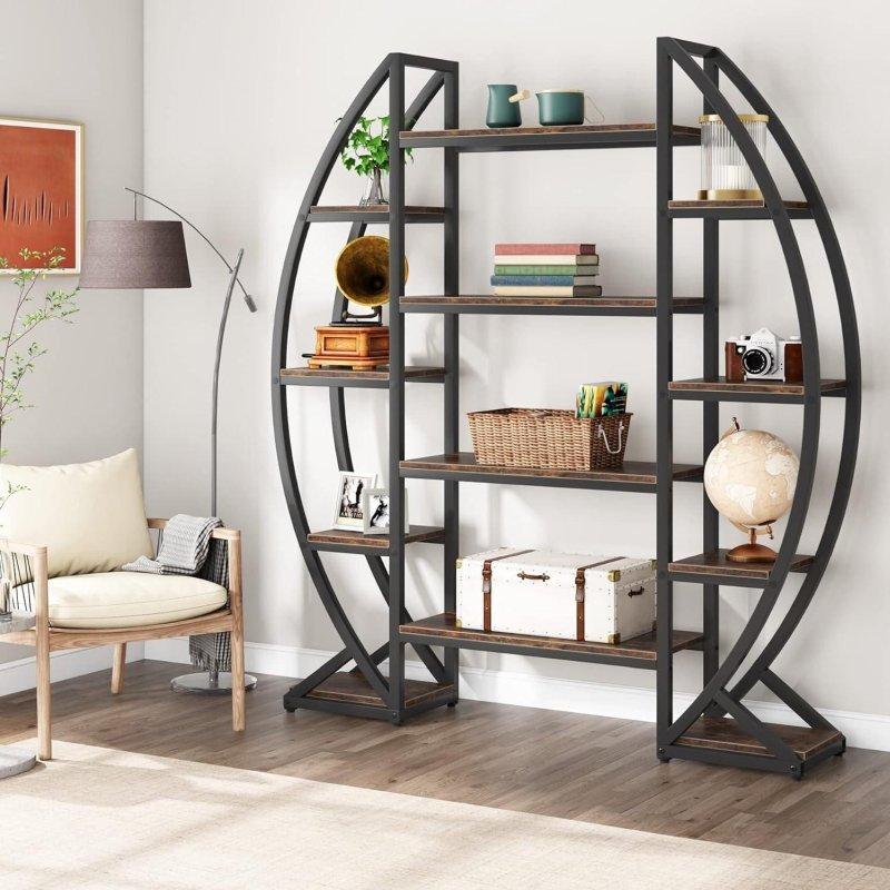 Kahverengi MDF ve Siyah Metal 5 Katlı 3 Bölmeli Oval Kitaplık - 140x30x177 cm - 312132