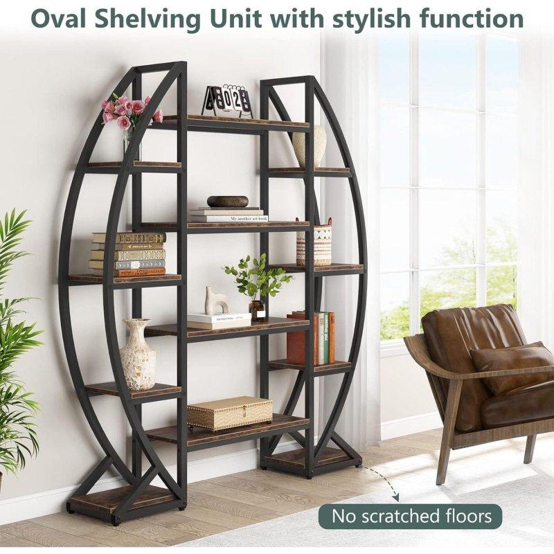 Kahverengi MDF ve Siyah Metal 5 Katlı 3 Bölmeli Oval Kitaplık - 140x30x177 cm - 312132
