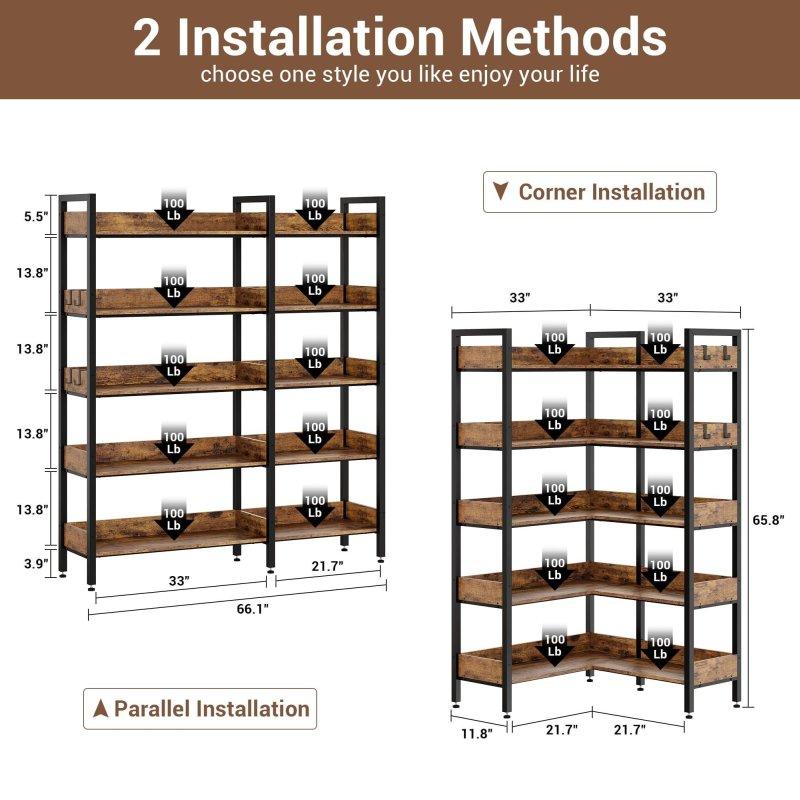 Kahverengi MDF ve Siyah Metal 5 Raflı Dönüştürülebilir Köşe Kitaplık - 317216