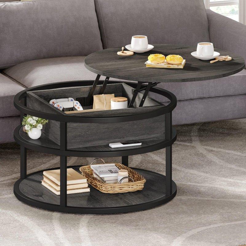 Kahverengi MDF ve Siyah Metal Asansörlü Mekanizmalı Gizli Depolamalı Yuvarlak Akıllı Sehpa - 81 cm - 254105