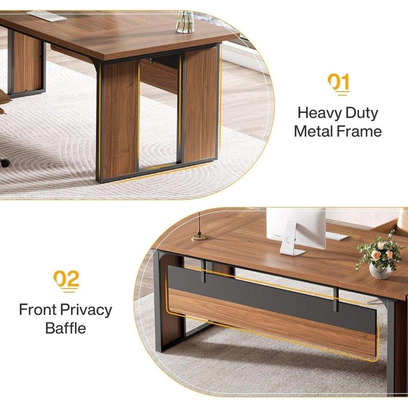 Kahverengi MDF ve Siyah Metal Çerçeveli 3 Çekmeceli Raflı L Tipi Ofis Masası - 161 cm - 326270