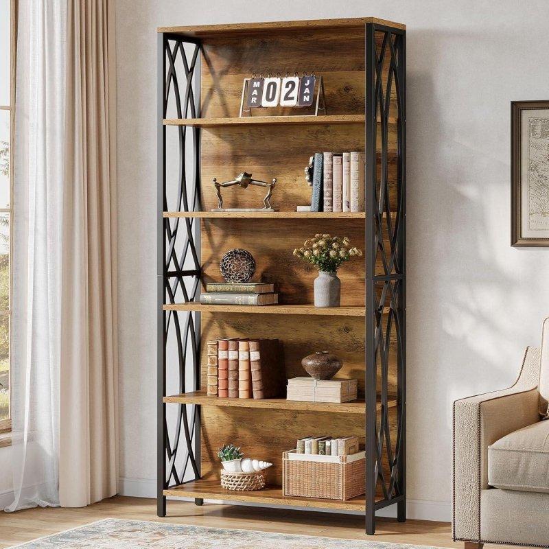 Kahverengi MDF ve Siyah Metal Sarmaşık Desenli 6 Raflı Endüstriyel Kitaplık - 181 cm - 320454