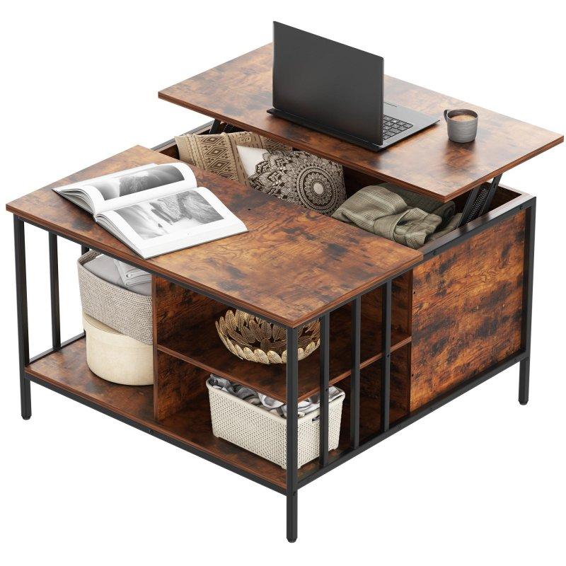 Kahverengi MDF ve Siyah Metal Yüksekliği Ayarlanabilir Gizli Bölmeli 3 Raflı Akıllı Sehpa - 81x81 cm - 253508
