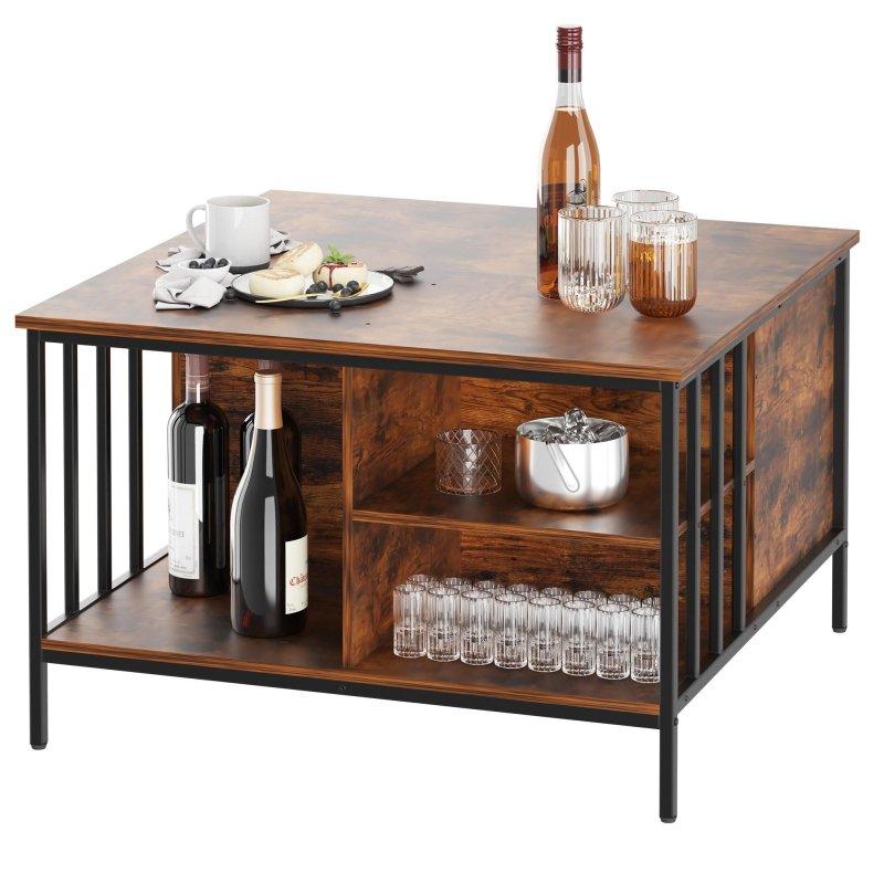 Kahverengi MDF ve Siyah Metal Yüksekliği Ayarlanabilir Gizli Bölmeli 3 Raflı Akıllı Sehpa - 81x81 cm - 253508
