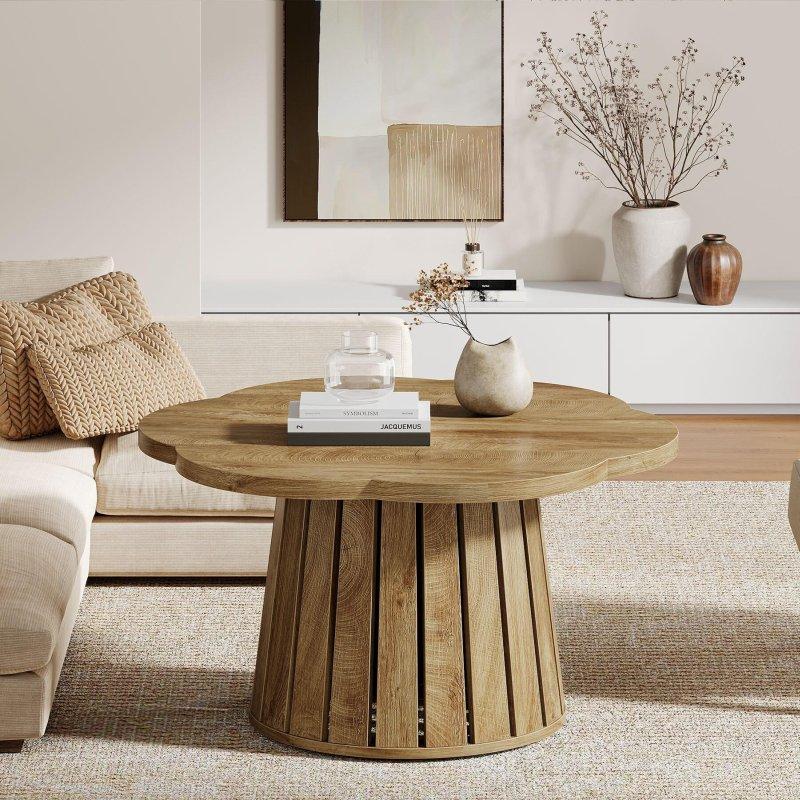 Kahverengi MDF Yaprak Şekilli Çıtalı Yuvarlak Orta Sehpa - 85 cm - 241485