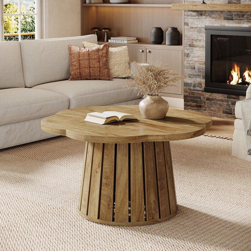 Kahverengi MDF Yaprak Şekilli Çıtalı Yuvarlak Orta Sehpa - 85 cm - 241485