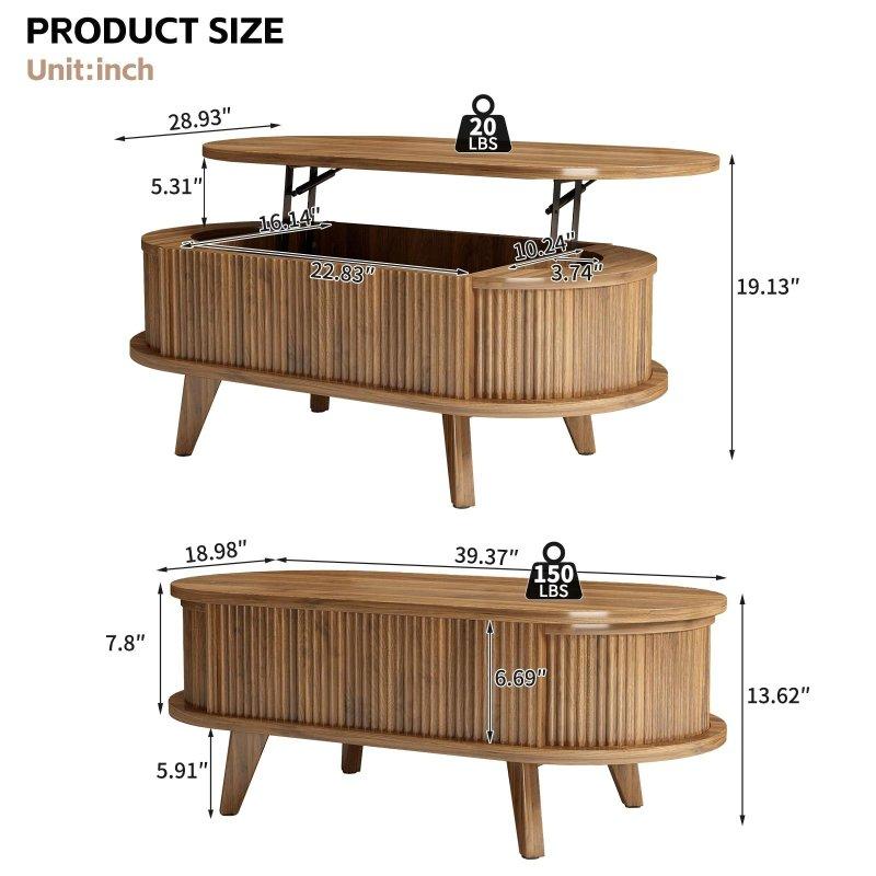 Kahverengi MDF Yivli Asansörlü Gizli Bölmeli Oval Akıllı Sehpa - 100x49x35 cm - 254087