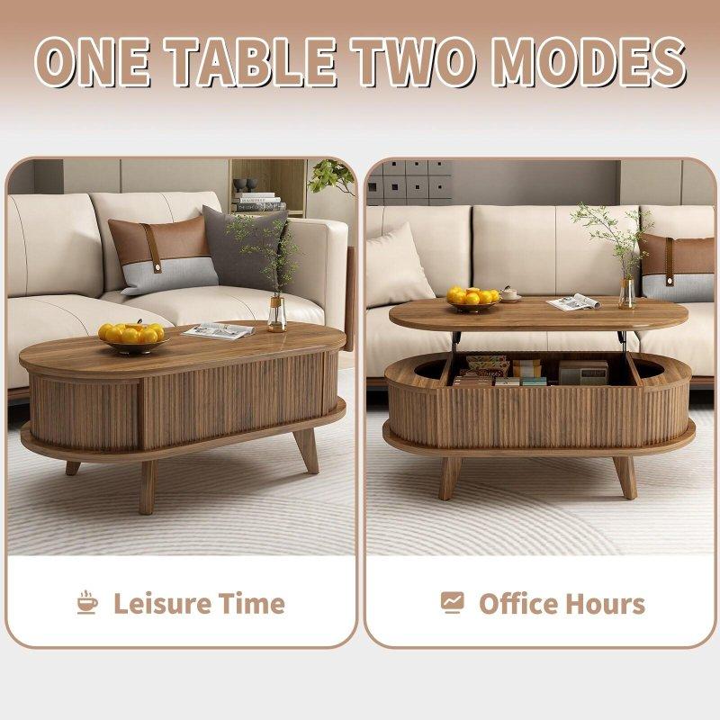 Kahverengi MDF Yivli Asansörlü Gizli Bölmeli Oval Akıllı Sehpa - 100x49x35 cm - 254087