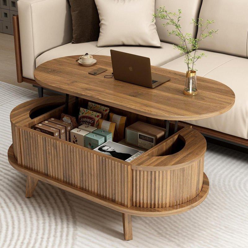 Kahverengi MDF Yivli Asansörlü Gizli Bölmeli Oval Akıllı Sehpa - 100x49x35 cm - 254087