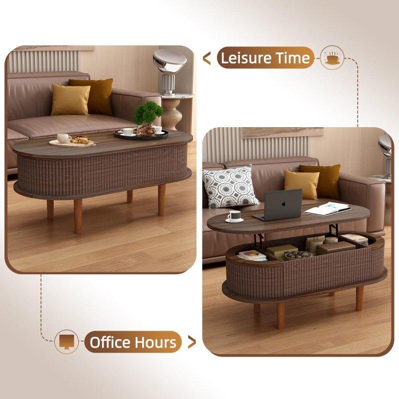 Kahverengi MDF Yivli Gizli Bölmeli Asansörlü Akıllı Sehpa - 102x48 cm - 253668