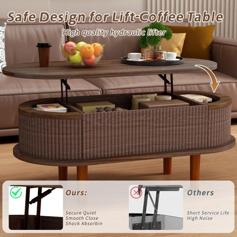 Kahverengi MDF Yivli Gizli Bölmeli Asansörlü Akıllı Sehpa - 102x74 cm - 254194