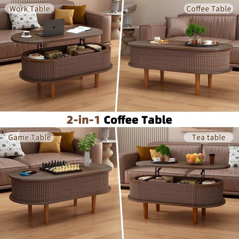 Kahverengi MDF Yivli Gizli Bölmeli Asansörlü Akıllı Sehpa - 102x74 cm - 254194