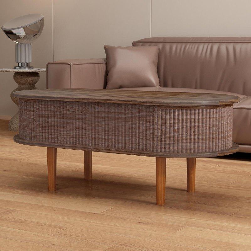 Kahverengi MDF Yivli Gizli Bölmeli Asansörlü Akıllı Sehpa - 102x74 cm - 254194