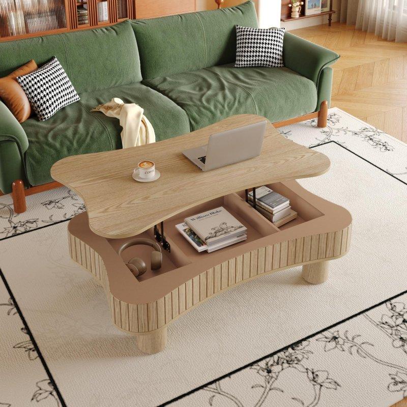Kahverengi MDF Yivli Hidrolik Asansörlü ve Saklama Alanlı Akıllı Sehpa - 109x70x34 cm - 254787