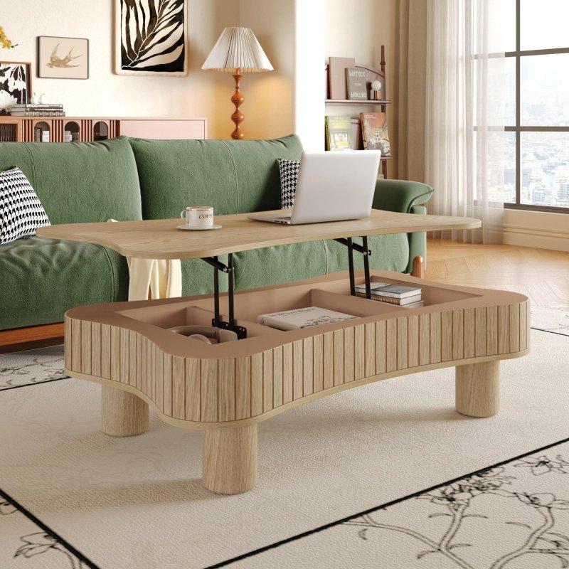 Kahverengi MDF Yivli Hidrolik Asansörlü ve Saklama Alanlı Akıllı Sehpa - 109x70x34 cm - 254787