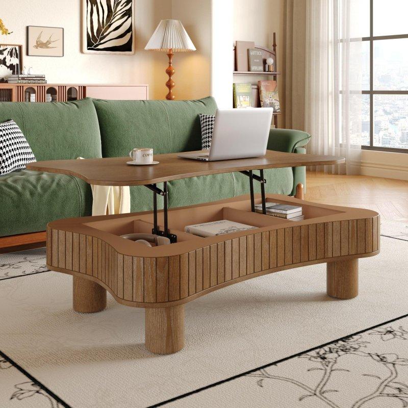 Kahverengi MDF Yivli Hidrolik Asansörlü ve Saklama Alanlı Akıllı Sehpa - 109x70x34 cm - 254787