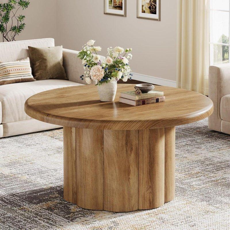 Kahverengi MDF Yivli Tambur Ayaklı Yuvarlak Orta Sehpa - 81 cm - 239887