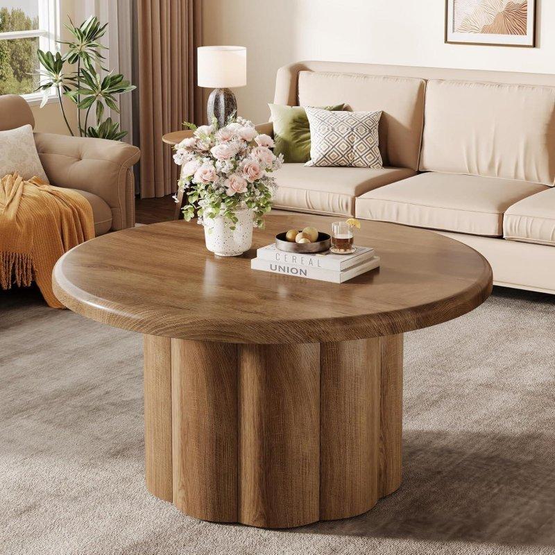 Kahverengi MDF Yivli Tambur Gövdeli Yuvarlak Orta Sehpa - 81 cm - 243123